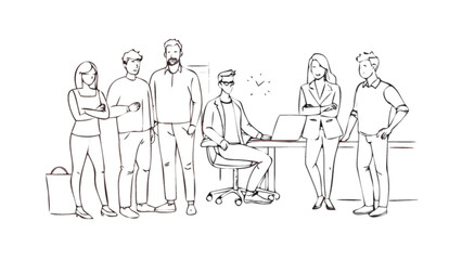 A group of six people in an office setting with one person sitting at a desk with a laptop computer