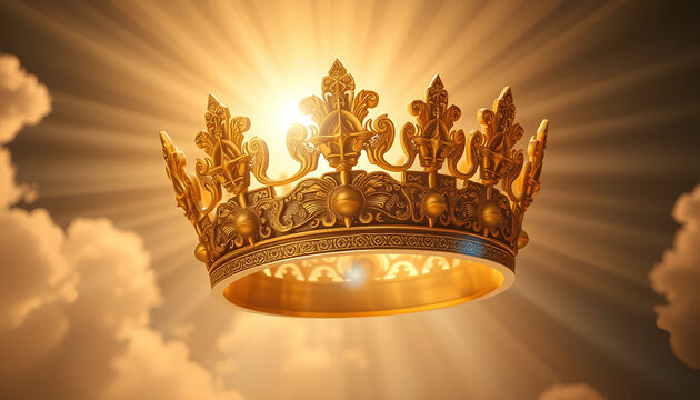 An ornate golden crown floating mid-air, radiating beams of divine sunlight. The intricate carvings depict celestial symbols, and a soft 2