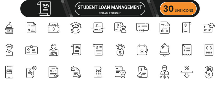 Line icons illustrating student loan management, education financing, repayment process and debt tracking essentials