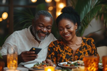 Happy senior couple using their smartphone while enjoying dinner together at home, demonstrating modern technology's integration into daily family life, Generative AI