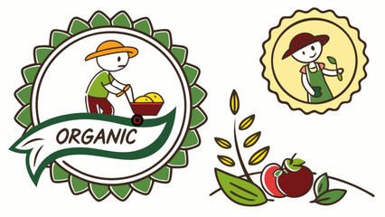 Illustration of organic farming with a farmer pushing a wheelbarrow and a farmer holding a plant image