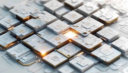 Abstract geometric pattern of metallic cubes with glowing orange light emanating from the center creating a futuristic and technological background