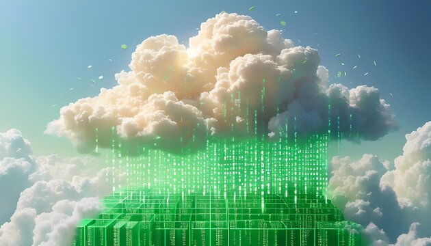 Futuristic digital city emerges from a fluffy white cloud against a bright blue sky symbolizing technological advancement and cloud computing innovation