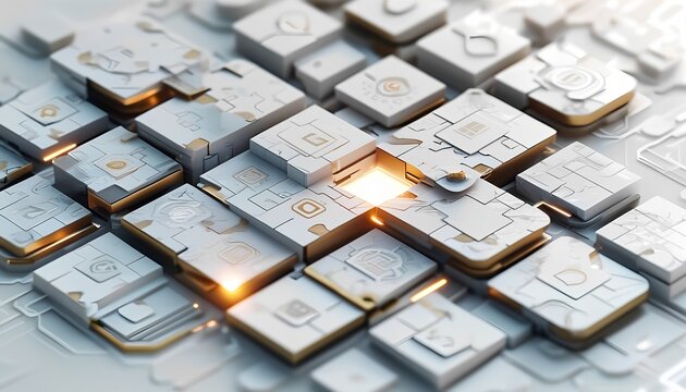 Abstract geometric pattern of metallic cubes with glowing orange light emanating from the center creating a futuristic and technological background