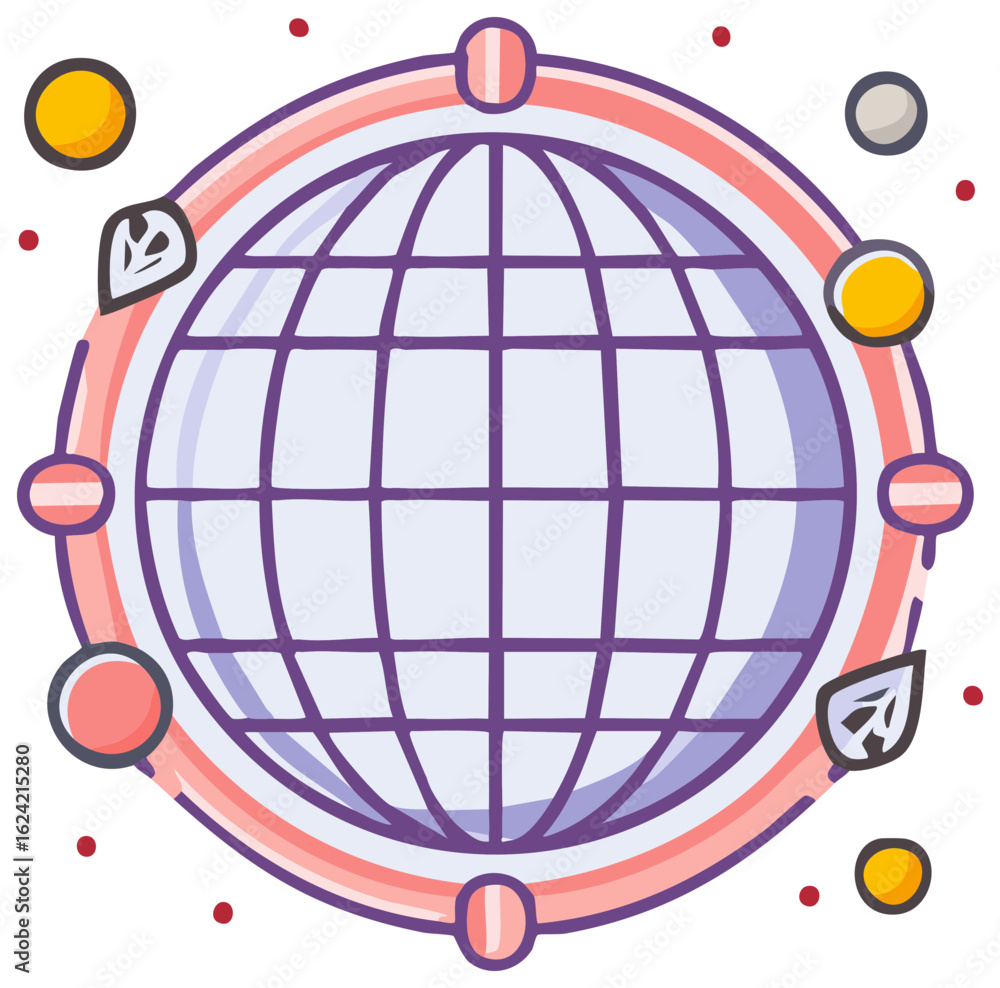 Poster global network and ecology concept illustration with a wireframe globe orbiting leaves and data poin