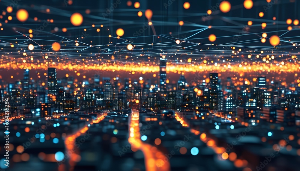 Poster futuristic cityscape with glowing lights and intricate network connections representing advanced tec