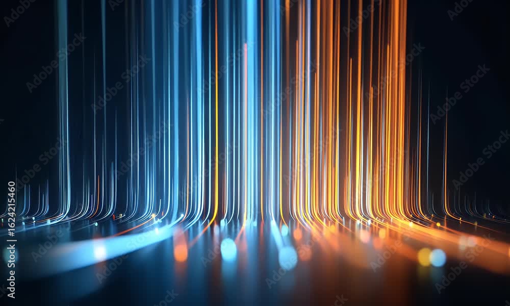 Poster abstract digital background with blue and orange lines of light in the shape of vertical bars, repre