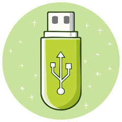 Illustrated green USB drive with doodles on a green round background represents data storage, portability and modern technology.