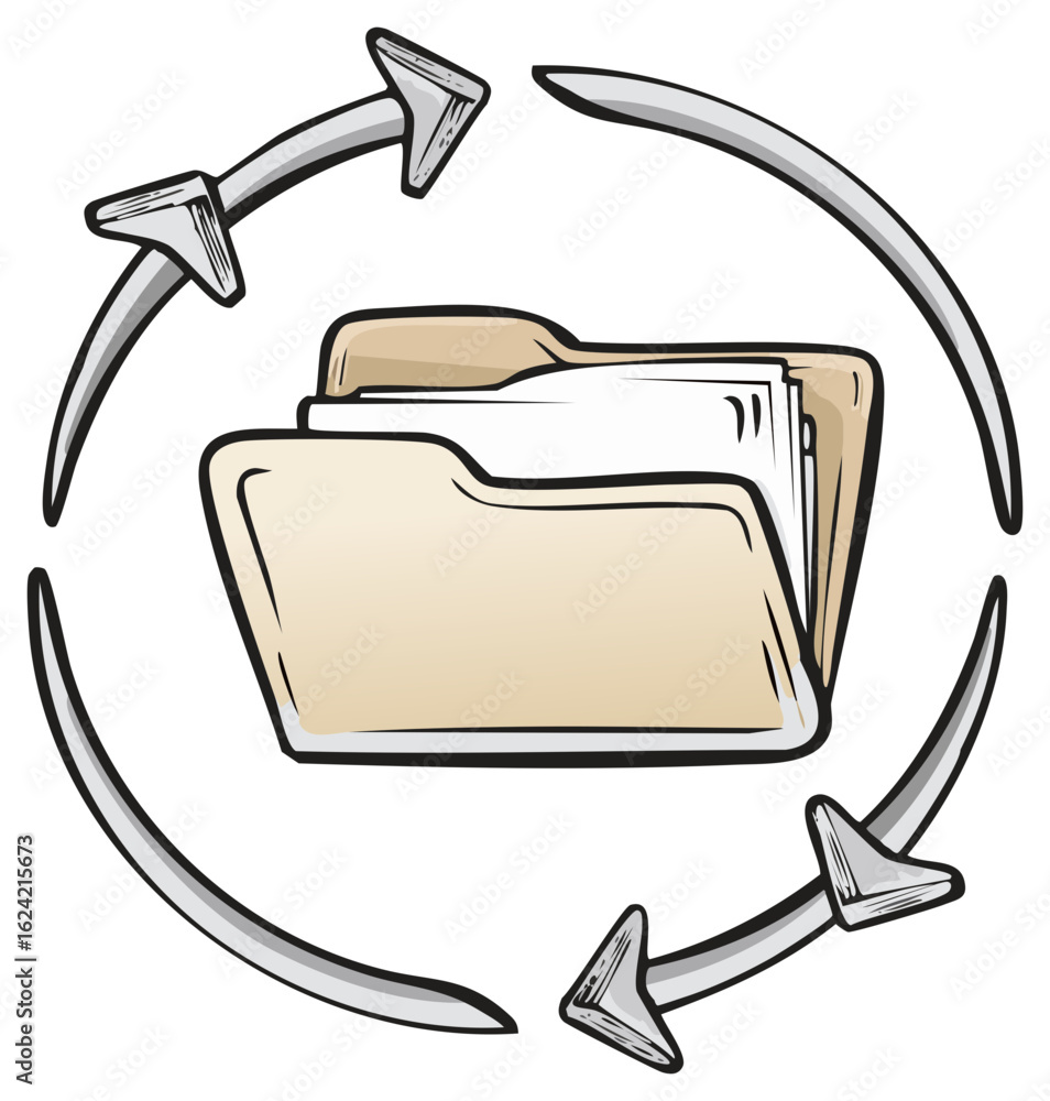 Poster data processing concept depicted by files folder, and arrows around. simple illustration