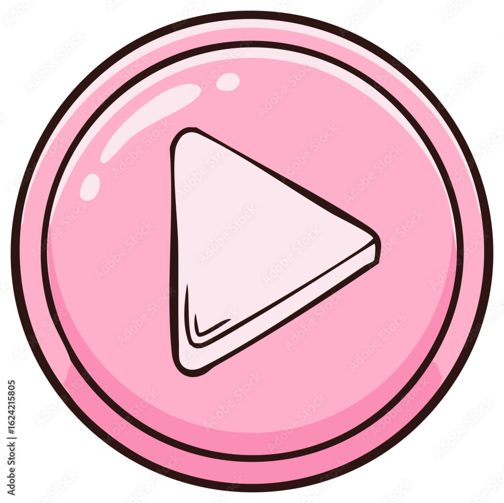Poster Hand-drawn pink play button icon with a glossy effect. Cartoon media player symbol for user interface.