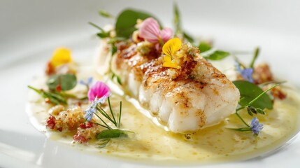 Grilled turbot filet with citrus beurre blanc, refined plating