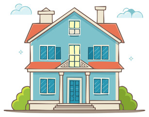Charming blue cartoon house with red roof and white trim on a sunny day