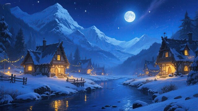 Cozy winter village with illuminated wooden houses by frozen river under full moon and snowy mountains, magical Christmas night scene - Powered by Adobe