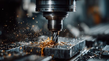 CNC milling machine cutting metal with sparks and coolant in a factory. Use it for manufacturing, engineering, or industrial technology concepts.