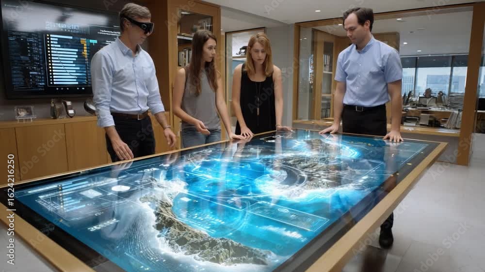 Poster future visualization: a team of diverse individuals collaboratively engages with advanced augmented 