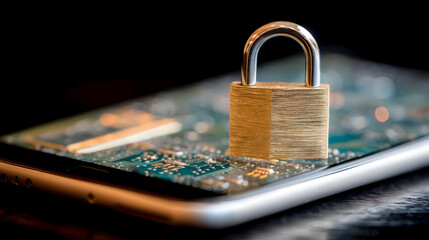 mechanism closing around smartphone in abstract cyber security art style