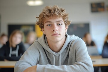 College student sitting at a desk in school, looking at the camera, representing the focus and determination of students in educational settings, Generative AI