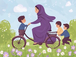 Happy Hijabi Mom Biking with Three Sons in Lavender Field