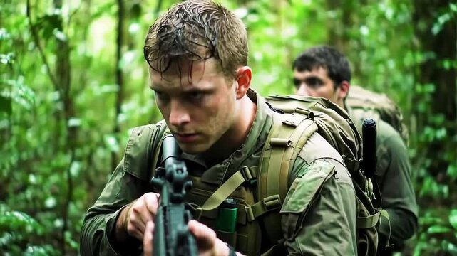 Soldier aiming rifle, jungle patrol, teammate behind, foliage background; military training