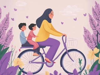 Happy Hijabi Mother Biking with Children Amidst Lavender Flowers