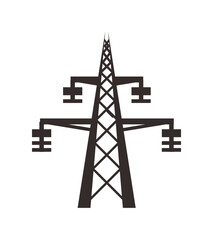 A stylized, black and white illustration of a power transmission tower, depicted as a simple, geometric icon.
