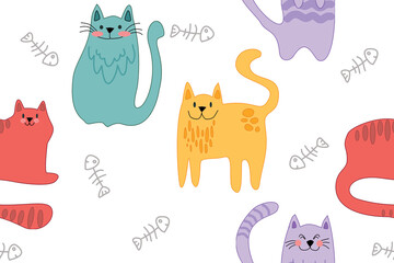 Seamless set of funny cat and fish bones animals pattern