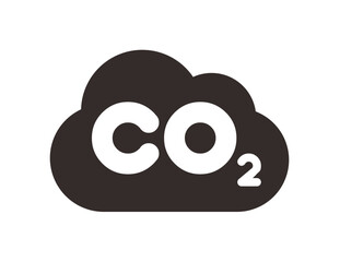 A simple graphic illustration of a dark cloud containing the chemical symbol for carbon dioxide.