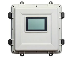 White industrial electrical enclosure with a digital display screen on a transparent background
