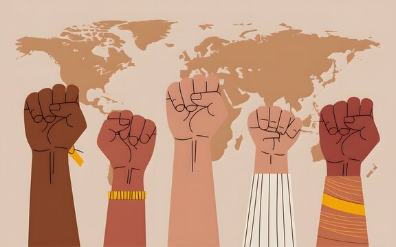 Diverse raised fists with world map background symbolizing global unity and protest