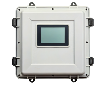 White industrial electrical enclosure with a digital display screen on a transparent background