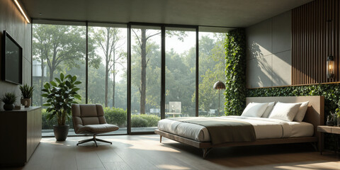Sustainable bedroom in forest green with energy-efficient lighting that adjusts brightness based on the time of day. The room includes
