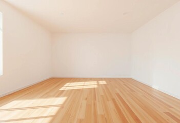 Empty bright room, white walls, wood floors, minimalist interior, space, light
