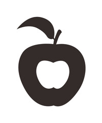 A simple silhouette of an apple with a heart-shaped cutout, and a leaf.