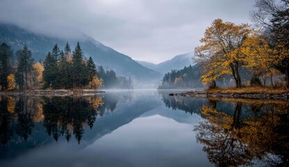 Fototapeta premium Misty autumn morning unveils serene lake reflecting vibrant trees and majestic mountains
