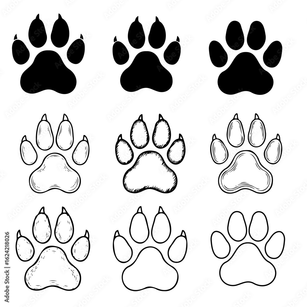Poster vector a simple black silhouette of a paw print with four toe beans on transparent background