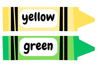 Yellow and Green Crayons with Color Names in Illustrative Style isolated on a transparent background