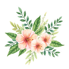 Watercolor of Tropical spring floral green leaves and flowers s isolated on transparent png background, bouquets greeting or wedding card decoration, with Generative Ai.