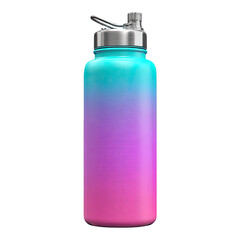 A vibrant, ombre-colored water bottle with a stainless steel lid