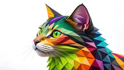 Obraz premium Colorful Abstract Geometric Cat Portrait Artistic Illustration with Vibrant Colors and Sharp Edges on a White Background Modern Cat Design