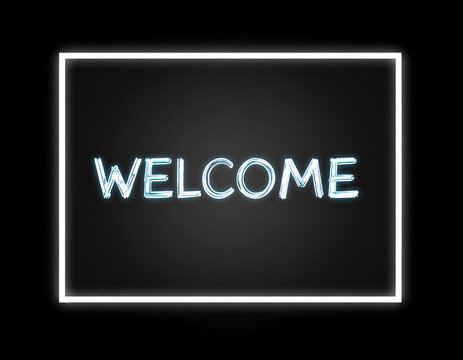 A glowing light blue neon sign with the word "WELCOME" is centered within a bright white neon rectangular border with rounded corners, all against a solid black background. The clean and modern design
