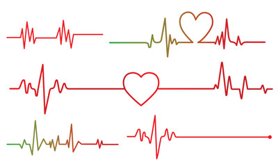 Green and Red heartbeat line collection with heart symbol, cardiology, medical pulse, ECG, EKG design, healthcare clipart vector illustration, health monitoring, digital heartbeat. Stock-Vector.