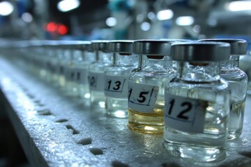 Row of numbered vials with liquid inside
