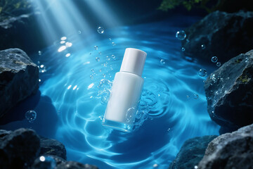 White Cosmetic Product Bottle Floating in Clear Blue Water Natural Skincare