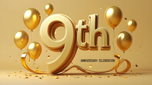 Golden 9th anniversary celebration with balloons and confetti, ideal for festive events and special occasions, creating a celebratory atmosphere