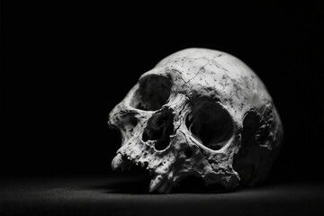 Obraz premium Dramatic Human Skull in Black and White against Dark Background Side View