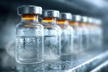 Chilled vials of liquid medication lined up on cold surface