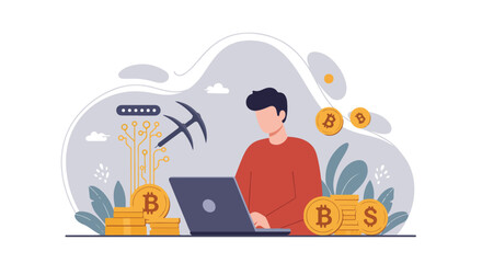 Person mining cryptocurrency with laptop; digital background. Earning crypto