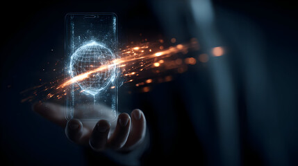 secure mobile app with holographic shield interface in modern office