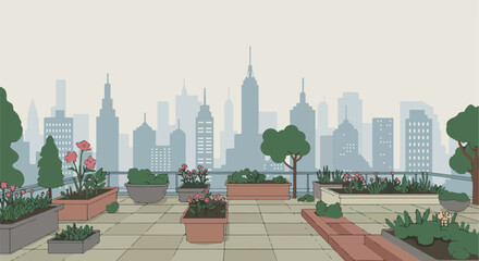 Naklejka premium Cartoon rooftop garden with plants in the city backdrop, for design, layout