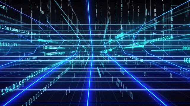 Futuristic digital landscape with glowing blue lines and binary code, depicting data flow